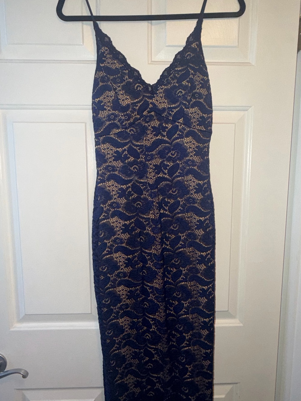 Fashion Nova Navy Lace Midi Dress with Nude Lining
